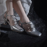 KYLETHOMASW  -  Summer Flower Sandals Sliver Shiny Leather Square Toe Ankle Straps High Heels Fashion Women T Strap Casual Rose Dress Shoes