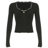 KYLETHOMASW  -  French basic lace patchwork square neck pleated chest slimming base shirt for women with pure temperament and lace inner top