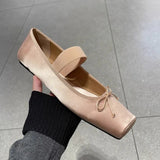 KYLETHOMASW  -  sweet pink silk flat shoes woman square toe bowtie ballet flats silver leather mary janes shoes elastic band moccasions women