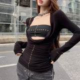 Kylethomasw Autumn New Deep V-neck Pleated Sexy Slim Rivets Long-sleeved T-shirt Women + Black All-match Tube Tops Two-piece Suit