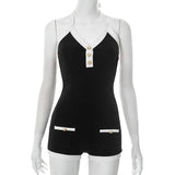 KYLETHOMASW  -  Contrast Color Elegant Sleeveless Halter Lace Up Rompers for Women's Summer V-neck Button Solid Basic Backless Playsuits