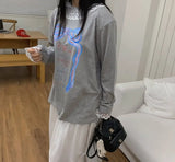 KYLETHOMASW  -  Korean Temperament Bow Letter Printed T-shirt Women Spring New Patchwork Lace Edge Long Sleeved Top