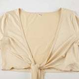 KYLETHOMASW  -  Ins niche design irregular deep V-knot tied long sleeved cover shirt solid color basic versatile temperament short cardigan