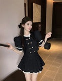 KYLETHOMASW  -  Socialite High end Black Two Piece Set Women Outfits Summer Short Slim Lace Bubble Sleeve Top High Waist Pleated Skir