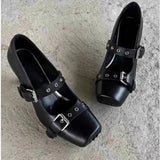 KYLETHOMASW  -   Designer Heeled Ballet Shoes Belt Buckle Casual Chunky Heeled Platform Loafers 2024 New Fashion Square Toe Mary Jane Shoes Women