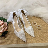 KYLETHOMASW  -  White Heels French Dress Wedding Shoes Lace Bridesmaid Shoes White Pointed High Heels Women's Stiletto Design Bridal Shoes