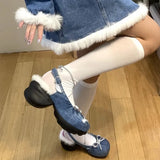 Kylethomasw Denim Chunky Heel Bow Mary Jane Sandals Buckle Metal Decoration Square Toe Lace Up Pumps Shallow Wrinkled Woolen Women Shoes