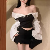 KYLETHOMASW  -  Patchwork Elegant V-Neck Slim Cropped Blouse Luxe Work Ready Chic Long Sleeve Shirt Korean Fashion Modern Professionals Top