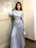 KYLETHOMASW  -  Autumn Women's Solid Two-piece Skirt Set Slash Neck Cropped Top High Waist Long Skirt Korean Fashion Ladies Outfits Streetwear