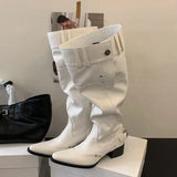 KYLETHOMASW  -  Black Boot Knee High Long Shoes Woman Pointed Toe Chunky Heels White Winter Boots Fashion Belt Buckle Rivet Wide-Leg Ladies Shoe