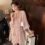 KYLETHOMASW  -  Floral Vintage Elegant Dress Women Causal Evening Beach Party Mini Dresses Female 2025 Summer Long Sleeve Two Piece Dress Korean