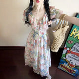 KYLETHOMASW  -  Dresses Women Floral Printed Puff Short Sleeve V Neck Summer Fashion Vintage Elegant Dress Bandage Female Casual