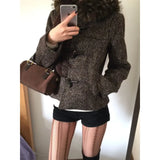 KYLETHOMASW  -  Korean Retro Casual Cow Horn Button Short Jacket Autumn/winter Plush Hooded Versatile Top Y2k Harajuku Commuter Coats Ropa Mujer