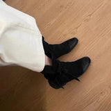 KYLETHOMASW  -  Genuine Leather Butterfly Knot Wrapped Strap Short Ankle Boots Women Polished Color Distressed Flat Bottomed Bare Shoes Female