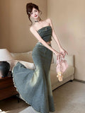 KYLETHOMASW  -  Women Clothes Y2K Casual Outfit Sexy Chest Wrapped Short Tops Shirt Blouse High Waist Fishtail Long Skirt Mujer 2 Pieces Set New