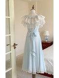 KYLETHOMASW  -  Japanese Kawaii Princess Chiffon Off Shoulder Ruffles Lace Light Blue Midi Dress Women Girls Bow Tie Waist Daily Tea Party Wear