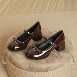 KYLETHOMASW  -  New Designer Round toe bowtie mary janes pumps women thick high heels lolita shoes ankle strap japanned leather talons femmes