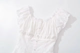 KYLETHOMASW  -  CHIC White Embroidery Lace Open Buttons Slash Shoulder Mini Dress Women Short Sleeve Slim Waist Dresses Holiday Robe Femme