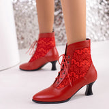 KIylethomasw White Red Women Victorian Pointed Toe Ankle Boots PU Leather Embroidered Laces Punk Cross-tied Kitten High Heel Shoes Plus Size