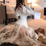 KYLETHOMASW  -  Elegant Bodycon Midi Dresses Women Flare Sleeve Slim Mermaid Dress Lace Fishtail Korean Fashion One Piece Party Dress Vestidos