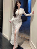 KYLETHOMASW  -  Autumn Sexy Long Sleeves Party Dress for Women Elegant Hollow Out Lace Bandage Bodycon Prom Vestidos Female Split Robe Outfits