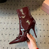 KYLETHOMASW  -  Fashion Patent Leather Belt Buckle Women Ankle Boots Elegant High heels Autumn Winter Chelsea Office Lady Short Booties Shoes