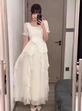 KYLETHOMASW  -  Summer Short Sleeve Chiffon Fairy Style Irregular Tierred Dress for Women Korean Cute Slim Fit Temperament Elegant Dress