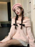 KYLETHOMASW  -  Women Off Shoulder Pink Sweet Gentle Wind Bow Soft Glutinous Sweater 2024 Women's Autumn Loose Versatile Knitted Top