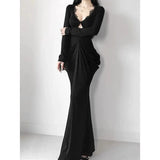 KYLETHOMASW  -  Gothic Black Sexy Party Dress Waisted Fishtail Skirt Long Sleeves Hollow Hip-covering Long Skirt