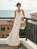 KYLETHOMASW  -  Flower Print Ruffles 2-Piece Set Women Halter Bandage v-Neck Backless Bows Backless Vest+Sweet Long Skirt Vacation Suits