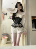 KYLETHOMASW  -  French Sexy Elegant Sweet 2 Piece Set Women Lace Design V-Neck Tops + Waist Belt Skirts Harajuku Japanese Fashion Retro Outfits