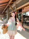 KYLETHOMASW  -  French Style Sweet Girl Patchwork Sets Women Fake Two-piece Floral Camisole + Lace Mesh Half Skirt Suit Beach Party 2-piece Set