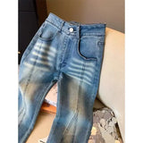 KYLETHOMASW  -  Minimally Designed Micro Flared Jeans Women Autumn Spring Niche Plaid Splicing Slim Versatile Long Pants Trendy