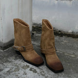 KYLETHOMASW  -  Retro Metal Decoration Buckle Strap Women Boots Crude Heel Square Toe Ladies Short Boots Street Style Hand-made
