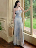 KYLETHOMASW  -  Holiday Beach Vintage Printed Backless Long Blue Dress Women Summer Spaghetti Strap Elegant Fairy Dress Evening Party Dresses
