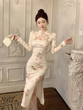 KYLETHOMASW  -  Vintage Dresses Women Floral Printed Stand Collar Long Sleeve Hollow Out Slim Split Elegant Dress Ladies Stylish