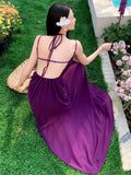 KYLETHOMASW  -  Women's Solid Backless Long Dresses Sexy Spaghetti Strap Halter Lace-up Wedding Evening Party Dress French Style A-line Vestidos
