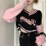 Kylethomasw Korean Sweet V-neck Off Shoulder Pullovers 2024 Autumn New Embroidery Lazy Tops Women Y2k E-Girl Long Sleeve Sweaters Mujer