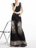 Kylethomasw Ripped Jeans Long Skirts for Women Y2k Vintage Loose Do Old Wide Leg A-line Denim Skirt Harajuku Causal Summer Bottoms