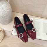 KYLETHOMASW  -  Women Patent Leather Rhinestone Buckle Mary Jane Square Toe Block Heel Dual Strap Casual Summer Office Wedding Party Pumps Shoes