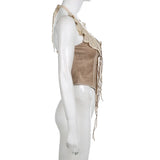 KYLETHOMASW  -  Western retro suede lace patchwork strap irregular short top American spicy girl niche sexy hanging neck vest