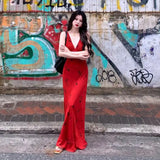 KYLETHOMASW  -  High end Glamorous Socialite Party Evening Red V-neck Sexy Camisole Dress Slim Fit Sleeveless Bodycon Maxi Dresses for Women