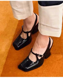 KYLETHOMASW  -  Fashion Black Patent Leather Mary Janes Slingbacks Women Pumps Spring Summer Wave Toe Chunky High Heels Office Lady Daily Shoes