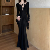KYLETHOMASW  -  Pure Desire Deep V Neck New Mid-length Mujer Sexy Slim Waist Premium Spice Girls Dress Solid Personalized Ruched Trendy Vestidos