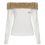 KYLETHOMASW  -  New fur spliced one neck slim embroidered T-shirt for sexy and slim women, backless sweatshirt