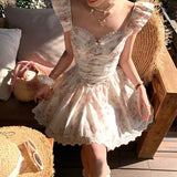 KYLETHOMASW  -  French Style Floral Print Mini Summer Dress Women Flying Sleeves V Neck Lace Spliced A-line Dresses Party Robe Vestidos