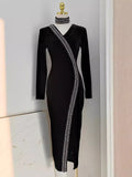 KIylethomasw Elegant Beading Velvet Midi Dress Sexy V Neck Halter Black Bodycon Evening Split Vestidos Spring Female Wedding Party Clothes