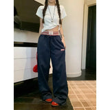 Kylethomasw American Contrast Color Patchwork Loose Wide Leg Pants Women Autumn New High Waist Lace-up Letters Embroidered Casual Pants