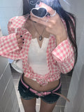 Kylethomasw Y2k Pink Plaid Women Shirts Check Graphic Long Sleeve Blouses Female Spring Autumn Sexy Slim Button Up Cardigan Chic Ins