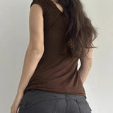 KYLETHOMASW  -  Drawstring square neck short sleeved T-shirt with women's lace patchwork design, high waist slim fit and slimming knit top